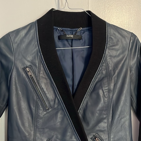 NWOT Cut 25 by Yigal Azuroeul blue leather jacket ribbed sleeves - Picture 3 of 15